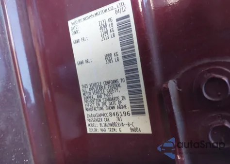 2012 Nissan Maxima 3.5 Sv from USA, damaged, VIN 1N4AA5AP4CC846196